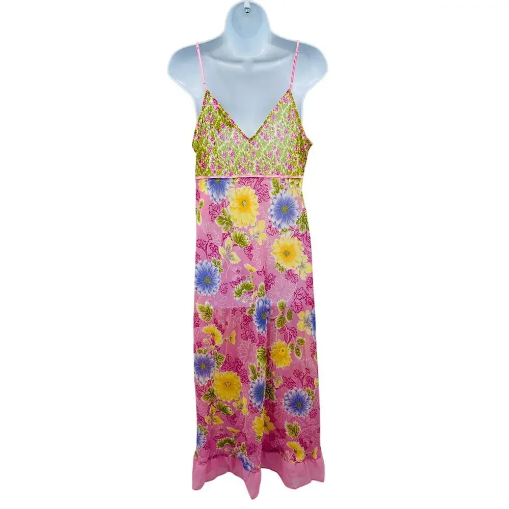 Y2K pink yellow floral sheer maxi slip dress - Picture 3 of 4